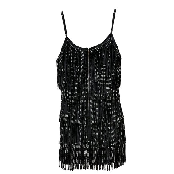 Black Studded Fringe Mini Dress With Adjustable Spaghetti Straps & Back Zipper C - Picture 5 of 8